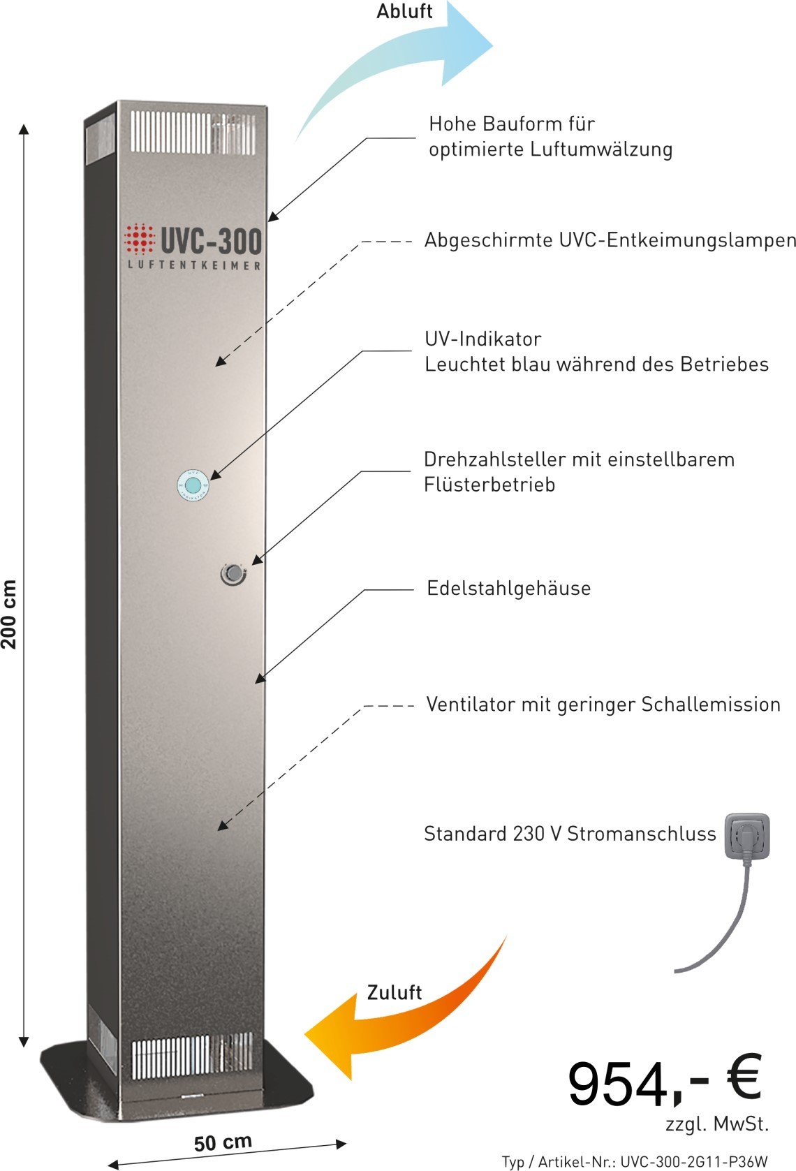 Der UVC300 desinfiziert mit ultraviolettes Licht geschlossene Räume. Hervorragend geeignet gegen das Coronavirus (Covid-19).